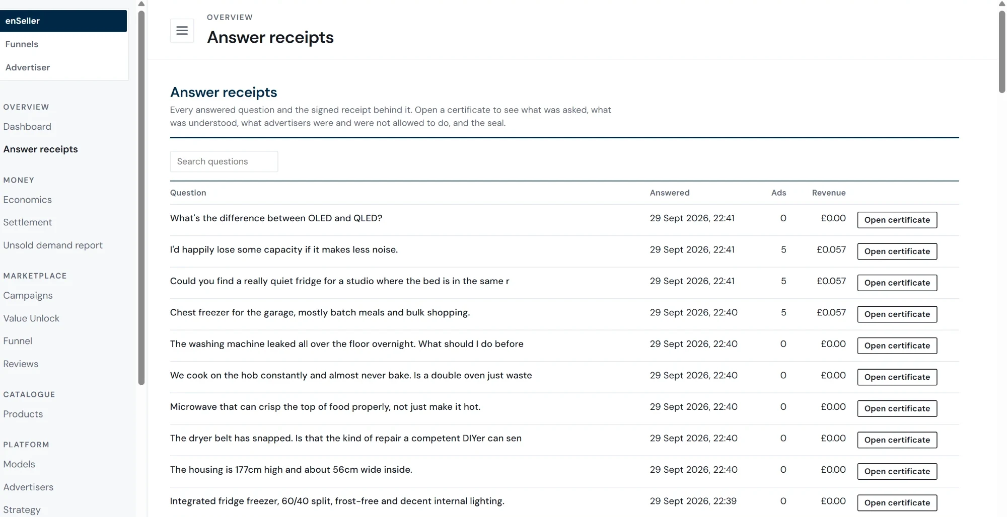 Answer receipts list showing each question, when it was answered, ads shown and revenue