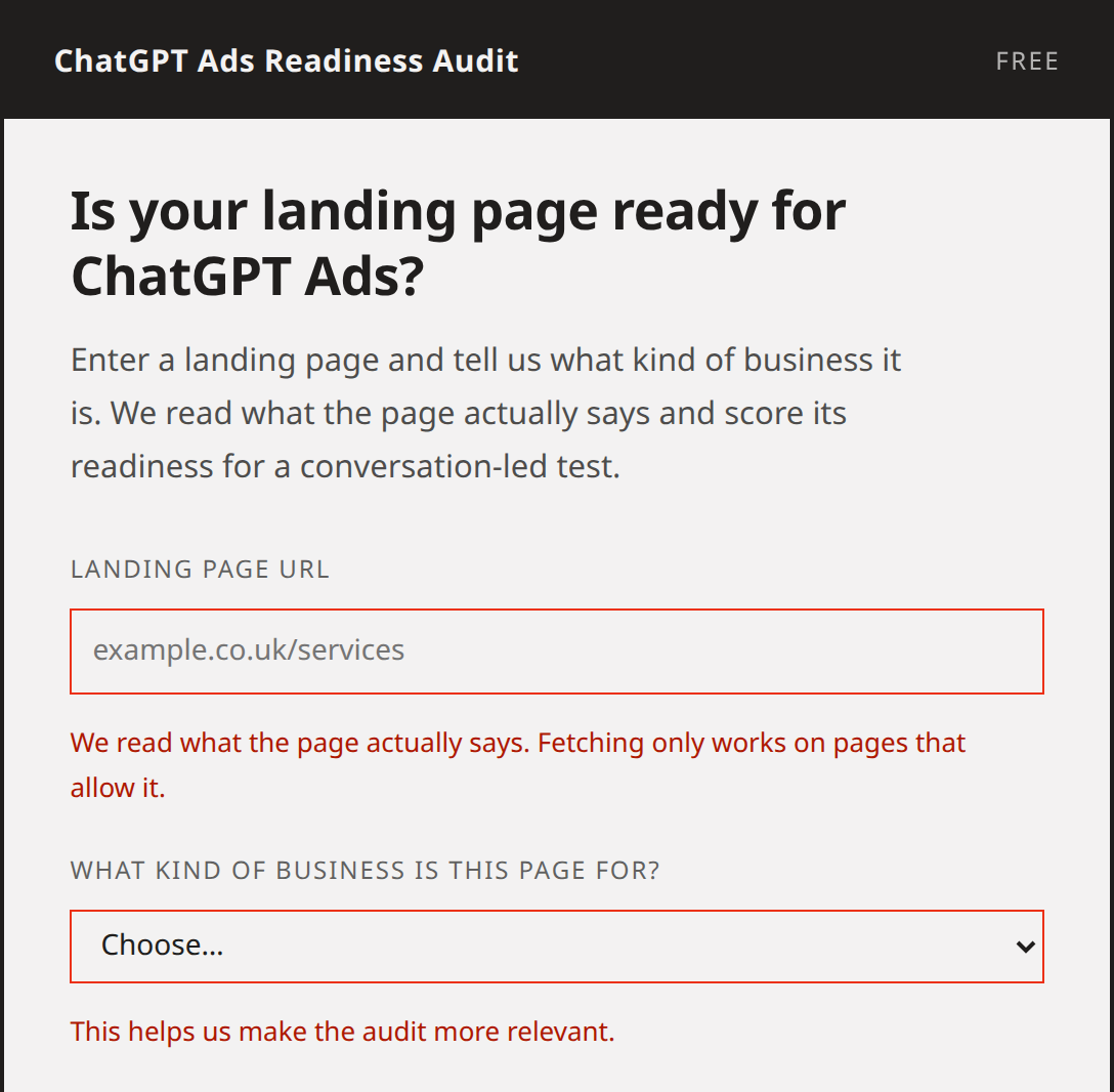 The eBiscuits ChatGPT Ads Readiness Audit form